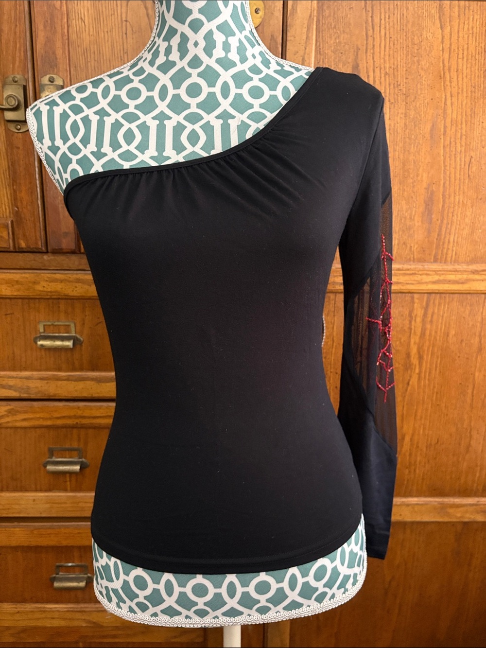Asymmetric One-Shoulder Black Tunic with Red Embroidered Sleeve